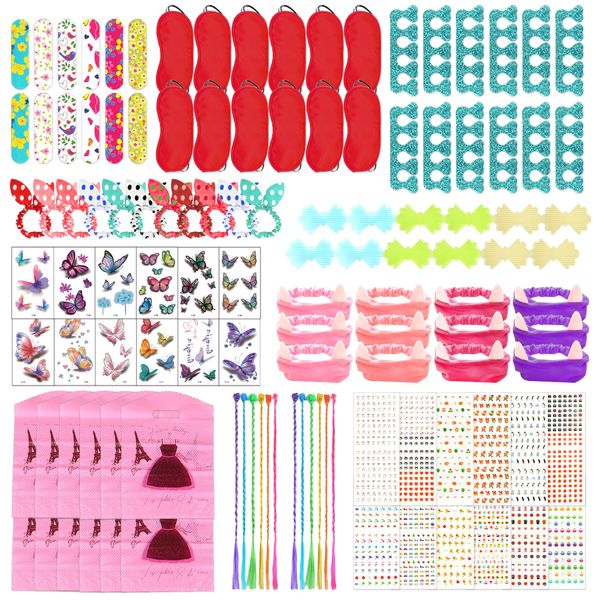 BANBALLON 120 PCS Spa Party Favors for Girls Multiple Spa Party Supplies with Nail File Toe Separators Pink Tote Bags Colorful Hair Braids Clips Eye Mask Nail Stickers Butterfly Tattoo Stickers