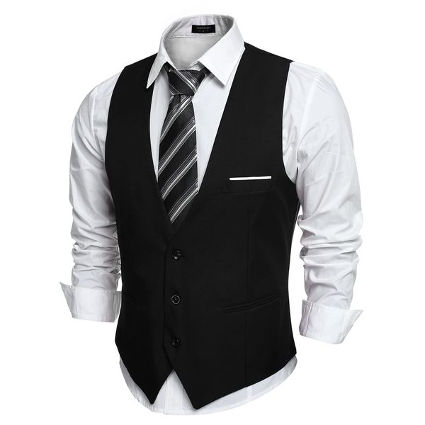 COOFANDY Men's V-Neck Sleeveless Slim Fit Jacket Casual Suit Vests,Black-02,Large