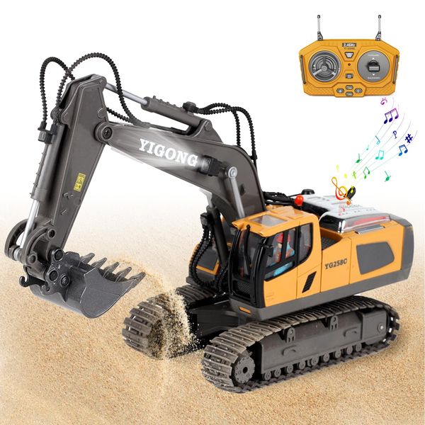 CANKETEC Remote Control Excavator Toy, Rechargeable 11 Channel 2.4Ghz RC Construction Vehicles with Metal Shovel for Kids, 680° Rotation with Lights and Sound - 1/20 Scale Digger for Boys 6-12