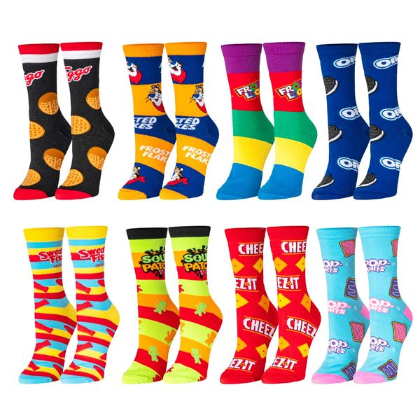 Crazy Socks, Bold Snack Food Theme for Women, Cute, Funky Graphic Print, 8 Pair