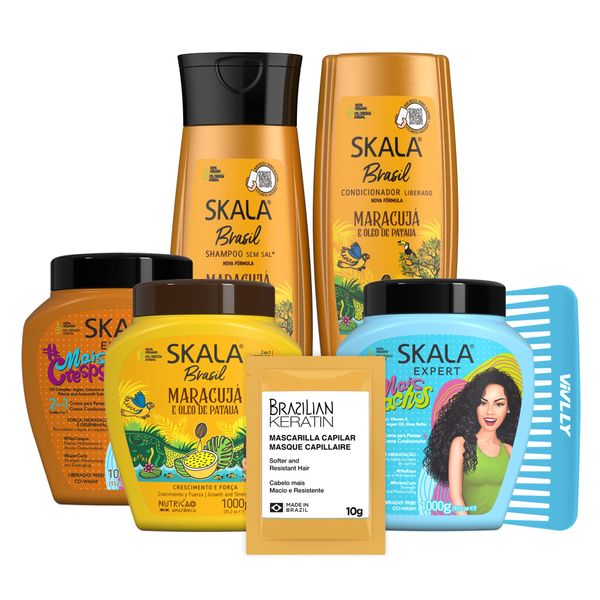 Skala Brazilian Hair Care Kit – 4 Pieces: Maracujá Shampoo & Conditioner 325ml Each + Blue Mais Cachos 35.2 oz + Maracujá 35.2 oz + Mais Crespos + Brazilian Keratin + Free Comb (Comb Color May Vary)