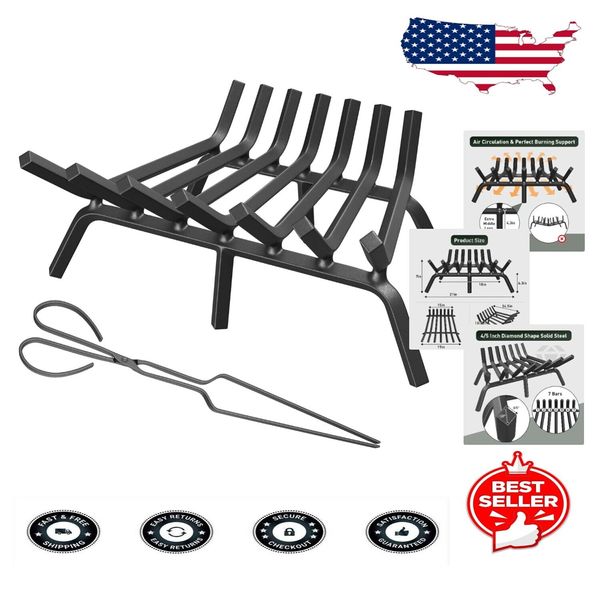 21 Inch Heavy-Duty Wrought Iron Fireplace Grate with Tongs for Efficient Burning