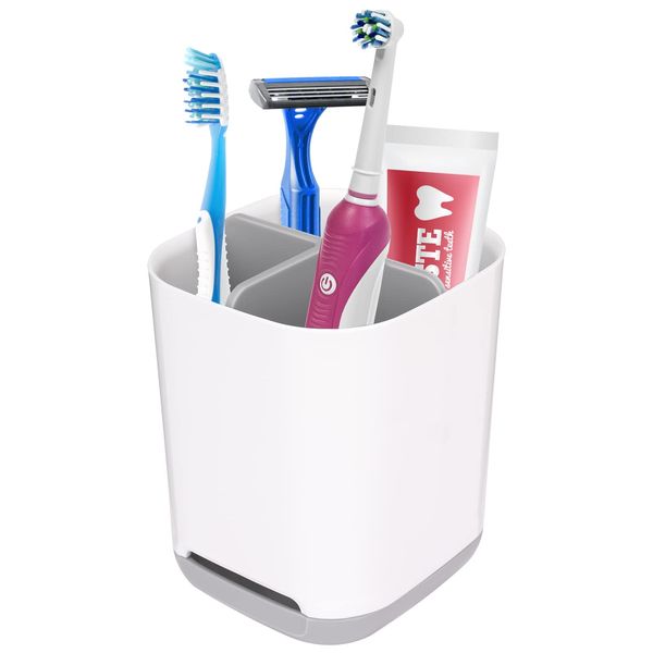 MOGADEE® Zahnbürstenhalter, Toothbrush Holder, Herausnehmbarer Bad-Zahnputzbecher Kunststoff mit Abflussloch, 2 Zahnbürstenfächer + 1 Ablagebecken, Rutschfester Boden (Grau)