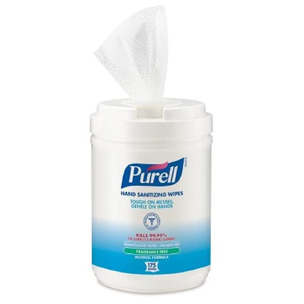 PURELL Premoistened Sanitizing Wipes, Alcohol Formulation, 6 x 7, White, 175/Canister