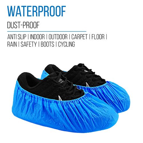 TYGA STORE (100 Pieces Disposable Shoe Covers - Blue Plastic, Anti Slip, Dust Proof, Waterproof Overshoes – Indoor, Outdoor, Carpet, Floor, Rain, Boot, Safety, Cycling, Strong Foot Covering