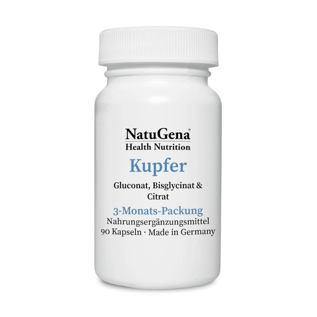 NatuGena Kupfer / Kupferkomplex aus den drei Kupferformen Gluconat, Bisglycinat und Citrat/ 90 Kapseln HPMC / 3 Monats-Packung