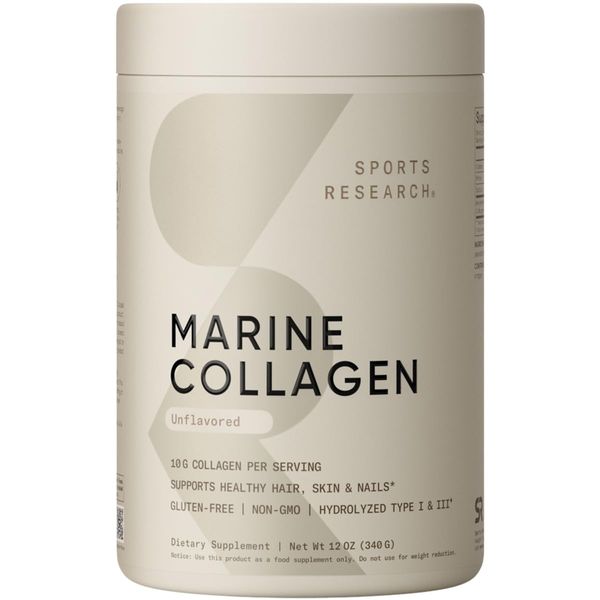 Sports Research Marine Collagen Peptides Powder - Sourced from Wild-Caught Fish, Pescatarian Friendly, Keto Certified & Non-GMO Tested - Easy to Mix in Water or Juice! (34 Servings)