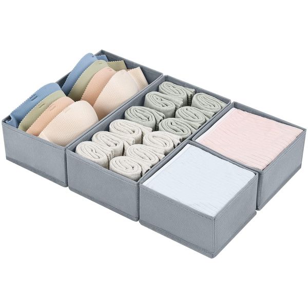 DIMJ Drawer Organisers 4 Pack Foldable Storage Box Fabric Wardrobe Storage Organiser Dresser Drawer Dividers Storage Cubes for Bras, Socks, Underwear, Ties, Scarves, Cosmetics (Grey)