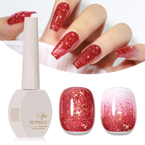 SUPWEE Glitter Gel Nail Polish, 15ml Red Reflective Glitter Gel Polish Sparkly Shiny Gel Soak Off UV Gel Holographic Effect Gel for Nail Art Manicure Salon DIY At Home