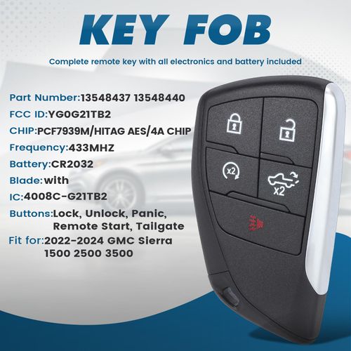 Keyecu Replacement Smart Remote Car Key Fob for GMC Sierra 1500 2500 3500 2022-2024 YG0G21TB2 13548437 13548440 433MHz 5Buttons