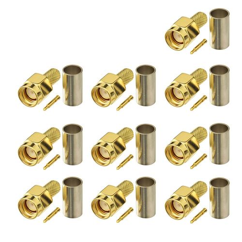 BINGFU SMA Male Crimp Solder Attachment 50 Ohm Gold Plated Copper Connector (10-Pack) Compatible with RG58 RG303 RG141 RG142 RG400 Low Loss 195 Coaxial Coax Jumper Cable