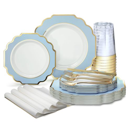 " OCCASIONS " 640 Piece set (80 Guests)-Heavyweight Wedding Party Disposable Plastic Plate Set - 80 x 10.5'' + 80 x 8'' + Silverware + Cups + Napkins (Imperial in White/Blue & Gold)