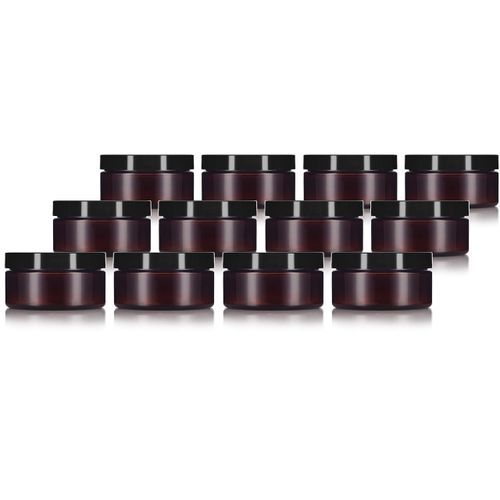 8 oz Amber PET Plastic Refillable Low Profile Jar Black Smooth Lid (12 pack)