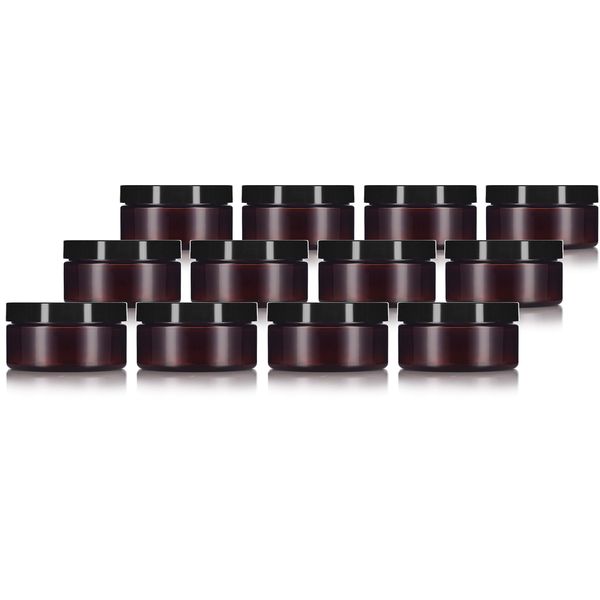 8 oz Amber PET Plastic Refillable Low Profile Jar Black Smooth Lid (12 pack)