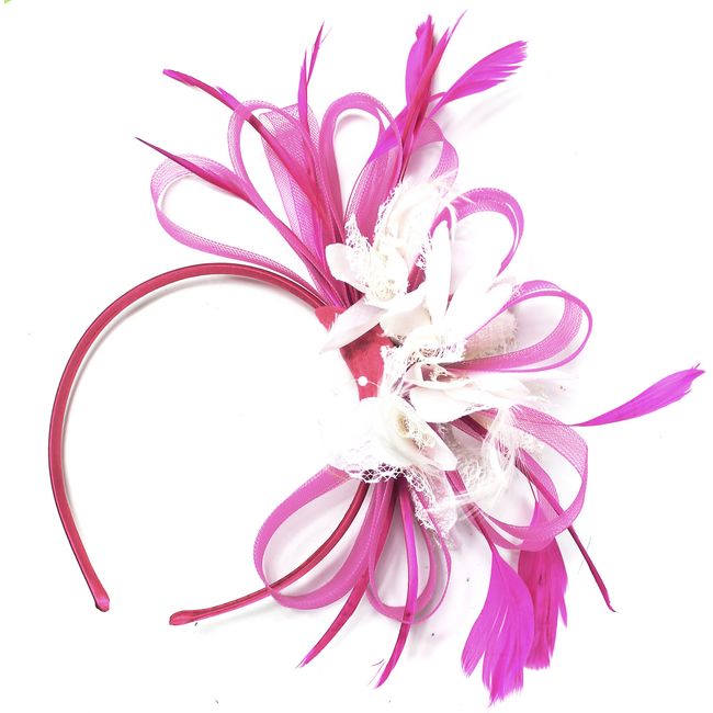 Caprilite Fashion Fuchsia Hot Pink and White Net Hoop Feather Hair Fascinator Headband Wedding Royal Ascot Races