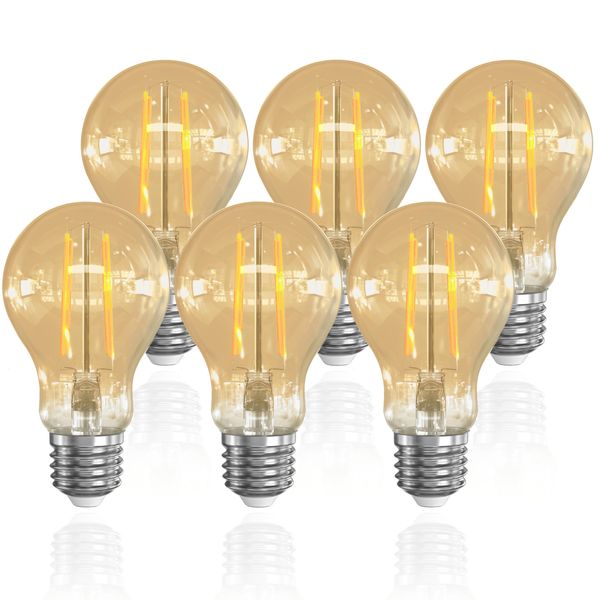 LUTW LDA6L-GF-E26 LED Bulb, E26 Base, 60W Equivalent, 6W 2700K Light Bulb Color, Edison Bulb, 620lm, Omnidirectional Bare Bulb, Non-Dimmable, PSE Certified, Antique Bulb, Normal Amber, 6 Pack