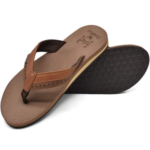 KuaiLu Men's Yoga Mat Leather Flip Flops Thong Sandals with Arch Support Brown size 11