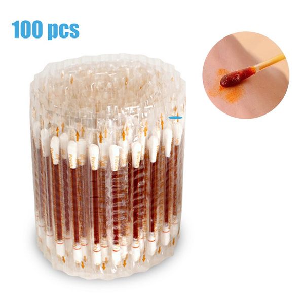 100 Disposable Medical Iodine Swabs Household Emergency Double Head Wood Bud Tips, 100pcs