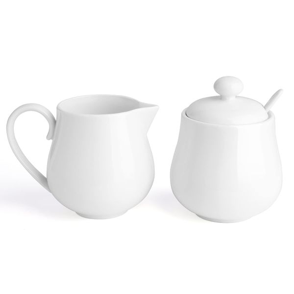 Sweese 12 Ounce Porcelain Sugar and Creamer Set, Coffee Serving Set, 3 Piece with Cream Pitcher, Sugar Bowl with Lid and Spoon, White - 480.101