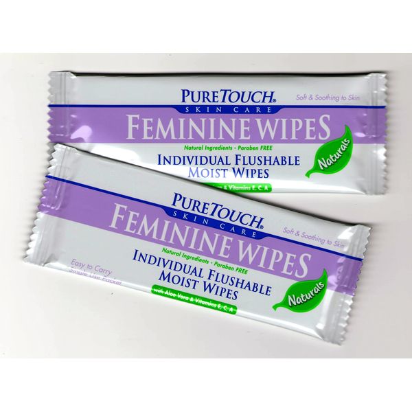 PureTouch Feminine Wipes Naturals for Adults Individual Flushable Moist Wipes Bulk of 350 Single-Use-Packets