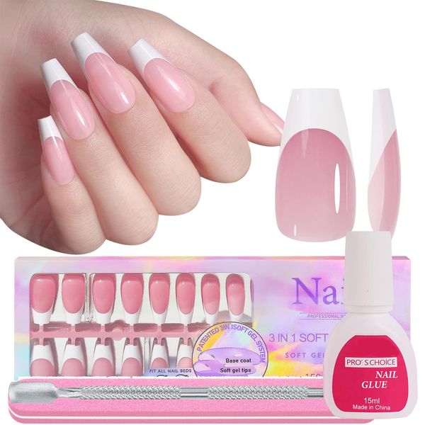 French False Nails Kit, 150Pcs 3 in 1 Soft Gel French Press On Nails for Extensions, Glossy False Nails With Glue Acrylic Fake Nails 15 Sizes For Women French White Tip Nail Manicure Accessories (01)