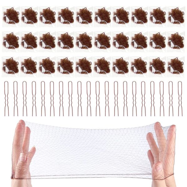 30Pcs Invisible Hair Net for Woman, Hair Nets for Women Buns, Invisible Elastic Edge Mesh and 20Pcs U Shaped Pins Set for Women Girls Ballet Dance (Brown)