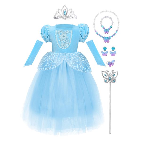 VOKOFAYE Cinderella Princess Dress for Girls 3 4 5 6 7, Kids Dress Up Costume With Crown Wand, Fancy Outfit Cosplay Birthday Christmas Party Gift Blue