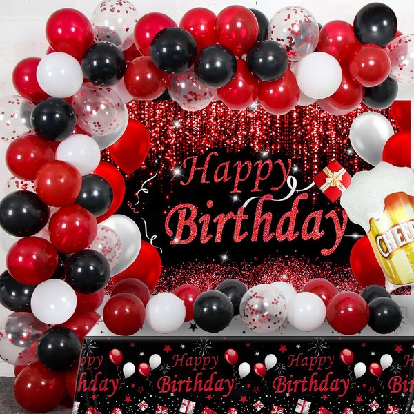 Red and Black Party Decorations, Happy Birthday Decorations for Men Women with Photography Backdrop & Tablecloth Balloons Arch Kit Banner Birthday Party Supplies Bday Decor with Table Cover