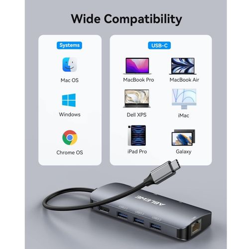 ABLEWE USB C Hub Ethernet, 8 in 1 Multiport USB C to HDMI Adapter 4K@60Hz,1000Mbps, 100W PD, SD/TF Card Reader, 3 USB 3.0 Ports, Docking Station Compatible for MacBook, Tablet, Phone, Type C Devices