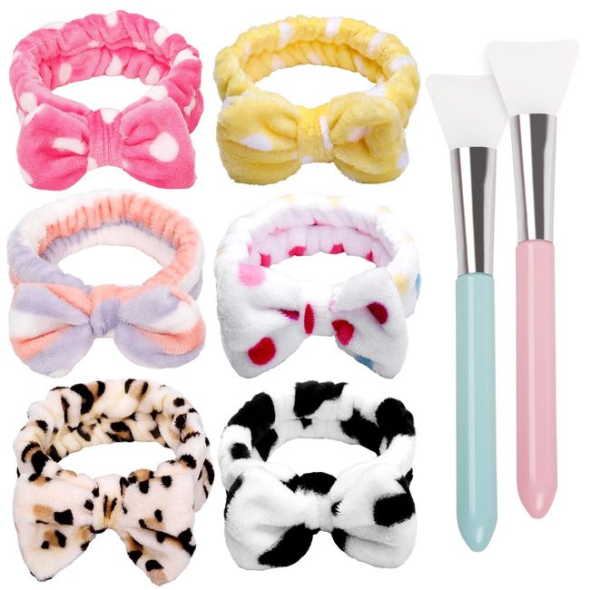 TERSE Haarband Schminken Damen Mädchen Bowknot Kosmetik Stirnband mit 2 Stück Silikon Maskenpinsel Süße Korallenrot Fleece für SPA Waschen Gesicht, 6 Stück