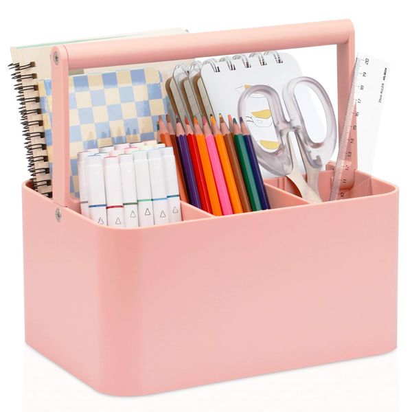 LAFARA Art Supply Storage Organizer, Multipurpose Caddy Organizer with Handle and Adjustable Divider, Plastic Portable Craft Storage Organizer Caddy Tote for Art Supplies, Crafts, Sewing (Pink)