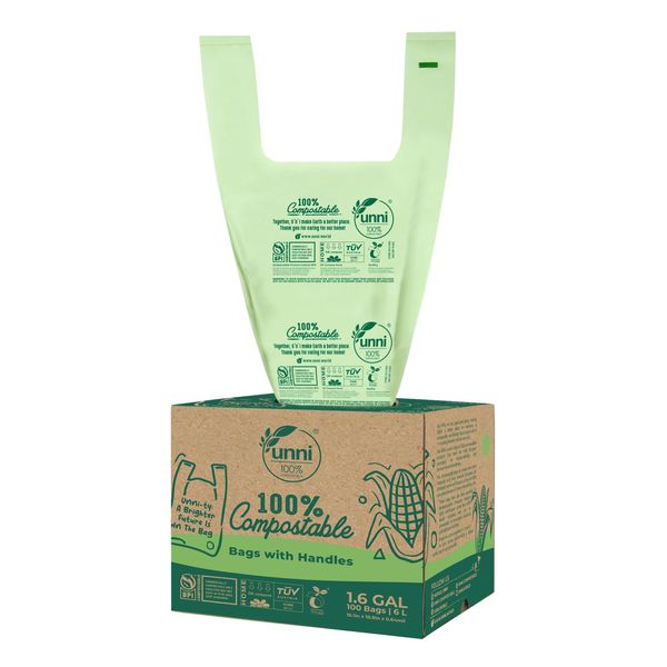 UNNI Compostable Bags with Handles, 1.2-1.6 Gallon, 6 Liter, 100 Count, 0.64 Mil, Samll Kitchen Food Scrap Waste Bags, T-Shirt Bags, ASTM D6400, US BPI, CMA & OK Compost Home Certified, San Francisco