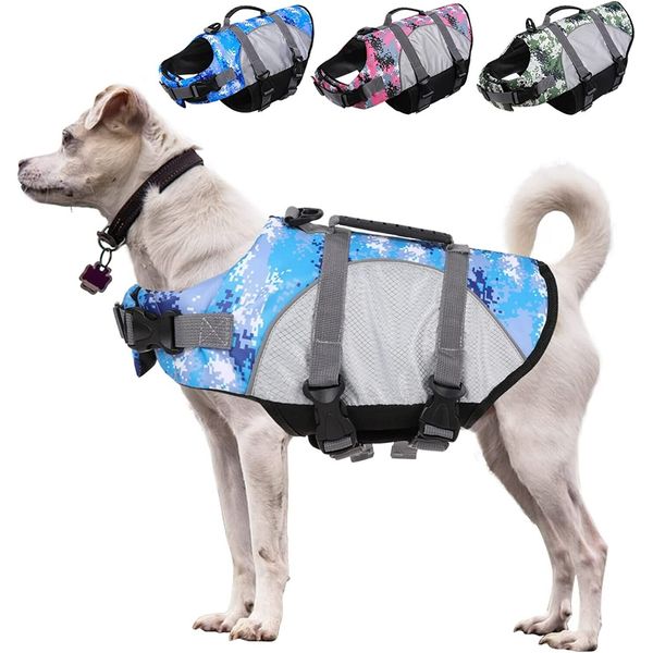 Dog Life Jacket Ripstop Vest Pet Adjustable Safety Preserver w/Handle Blue S