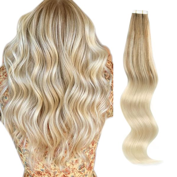 ABH AMAZINGBEAUTY HAIR Tape In Extensions Balayage Tape in Haarverlängerungen Menschenhaar Unsichtbare Doppelseitige Skin Weft 50g 20 Stück Platinaschblond mit Aschbraun B8-60 55 cm