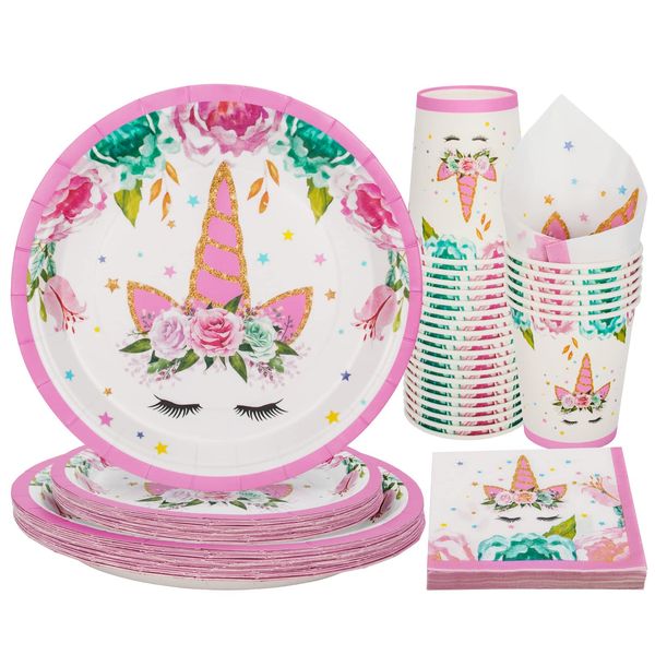 PARTY GO 100PCS Unicorn Tableware Party Supplies Set Including Unicorn Theme Paper Dinner Plates, Dessert Plates, Napkins, Cups for Girls Birthday Party Decorations, for 24 Guests