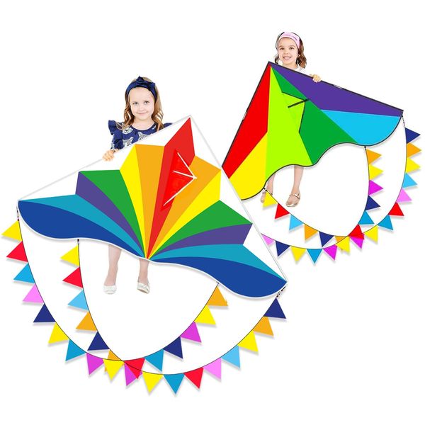 Flying Hoofer Large Rainbow Delta Kite(2 Pack)-Triangle Single Line Kite with Colorful Tail Ribbons for Kids Ages 4-8, 8-12 & Adults - Easy to Fly for Toddlers & Beginners.