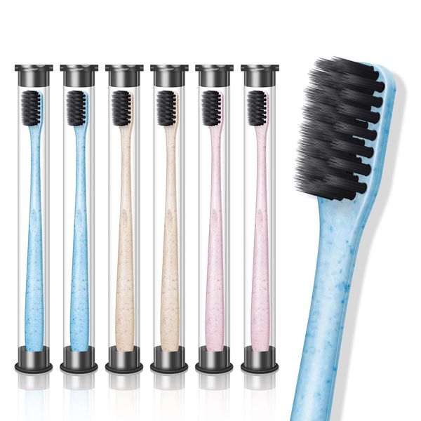 [2022 Newest] Toothbrush, Bamboo Charcoal Toothbrush (3 Colors, 6 Pieces), Soft, Ultra Fine Bristle, Bamboo Charcoal Toothbrush, Teeth Whitening, Anti-Caries, Individually Packaged, For Travel, Portable, Adult Household (2 Blue, 2 Pink, 2 Ivory)