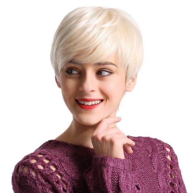 Emmor Short Platinum Blonde Blend Human Hair Wigs for Women Pixie Cut Wig With Bang,Natural Daily Use Hair (Color 600#)