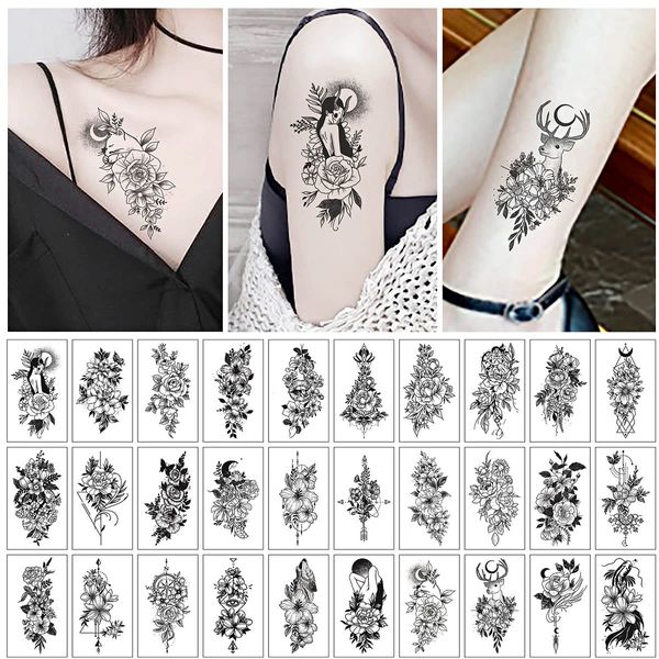 Tattoo Stickers, Tattoo Stickers, Set of 30, Waterproof, Long Lasting, Stylish, Cute, Women's, Easy to Apply to Arms, Legs, Body, Chest, Shoulder, Back