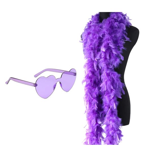 Feather Boa and Sunglasses, 2 Meters Fancy Dress and Crafts Feather Boas and Heart Shaped Sunglasses Party Accessories for Dancing Wedding Dress Up Halloween Costume Decoration(Purple01)