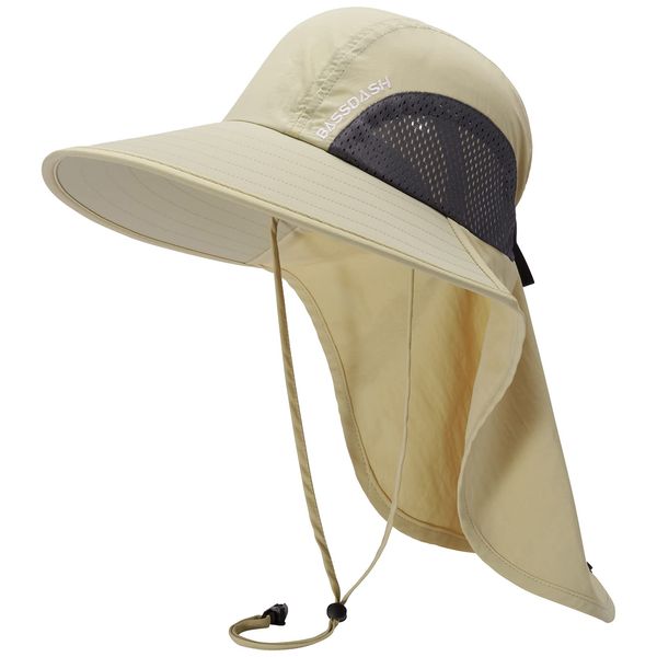 Bassdash Fishing Hat, UV Protection, Wide Brim, Hat with Neck Shade, Sun Hat, Water Repellent, Sweat Absorbent, Quick Drying, Includes Ponytail Hole, Fishing Hat, white