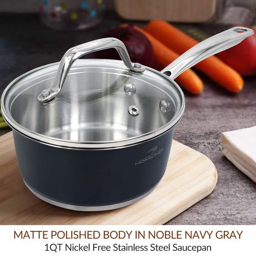 HOMICHEF Matte Polished Navy Gray Nickel Free Stainless Steel 1 QT Saucepan with Glass Lid (No Toxic Non Stick Coating) - Small Saucepan Induction Pan with Lid