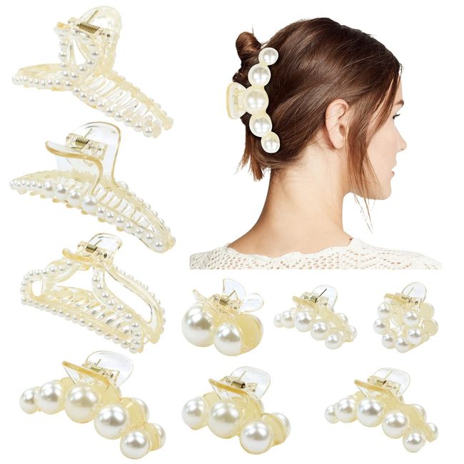 Dizila 9 Pack Decorative Small Medium Large Plastic Pearl Hair Claws Clips with Strong Hold Non Slip Hair Barrettes Clamps Jaws Accessories for Women Girls