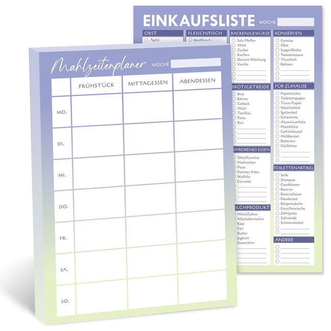 Biroyal Essensplaner, Menüplaner mit Einkaufsliste zum Abreißen, 182x257mm Notizblock für Mahlzeiten, beide Seite verwendbar, Speiseplan und vorgedruckte Einkaufsliste, Essensplan für Familie, Diät