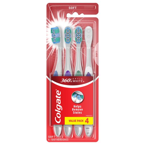 Colgate 360 Optic White Whitening Toothbrush, Adult Soft Toothbrush with Whitening Cups, Helps Whiten Teeth and Removes Odor Causing Bacteria, 4 Pack