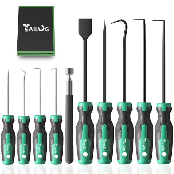 TAILUG 10 In 1 Heavy Duty Hook and Pick Set,9Pcs Precision Scraper Gasket Scraping Hose Removal Puller Hook,Car Auto Oil Seal/O-Ring Seal Gasket Pick Hook Puller Remover, Electronics Hand Tool Set