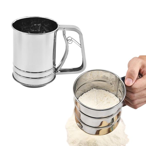 Flour Sifter Stainless Steel Flour Sifter Cup Semi-Automatic Hand Stainless Steel Sieving Cup with Handle Sugar Sifter Cookware Handy Tool M