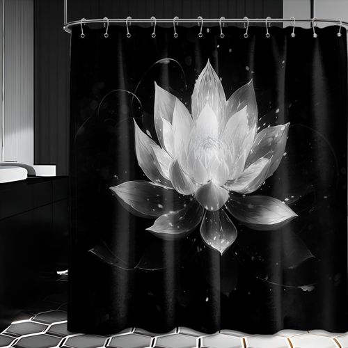 QGHOT Black and Grey Shower Curtain Light Gray Lotus Flower Shower Curtains for Bathroom Decor Decorative Charcoal Grey White Floral Bath Curtain Set, Waterproof Cloth Fabric, 70x72in