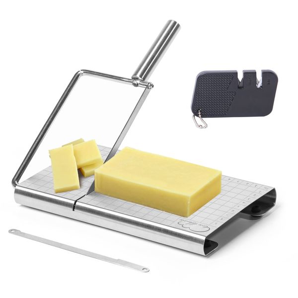 Esie Houzie Cheese Slicer - Multipurpose Stainless Steel Cheese Cutter & Food Cutter with Blade - Accurate Size Scale for Cutting Cheese Butter Vegetables Sausage Herbs & More (No Wire)