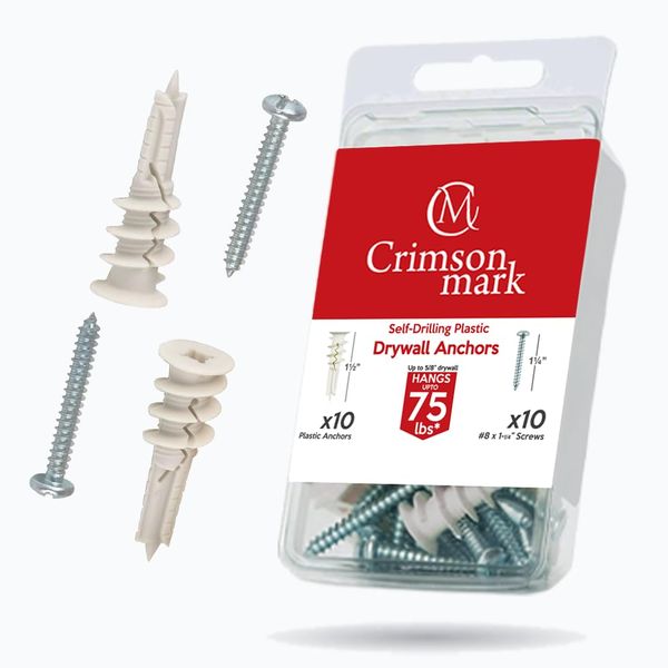 CrimsonMark 20Pcs Self Drilling Drywall Anchors and Screws kit #8 x 1-1/4”- Superb Wall Anchors for Drywall, Holds Upto 75lbs – No Drill Hole Required with These Dry Wall Screws and Anchors